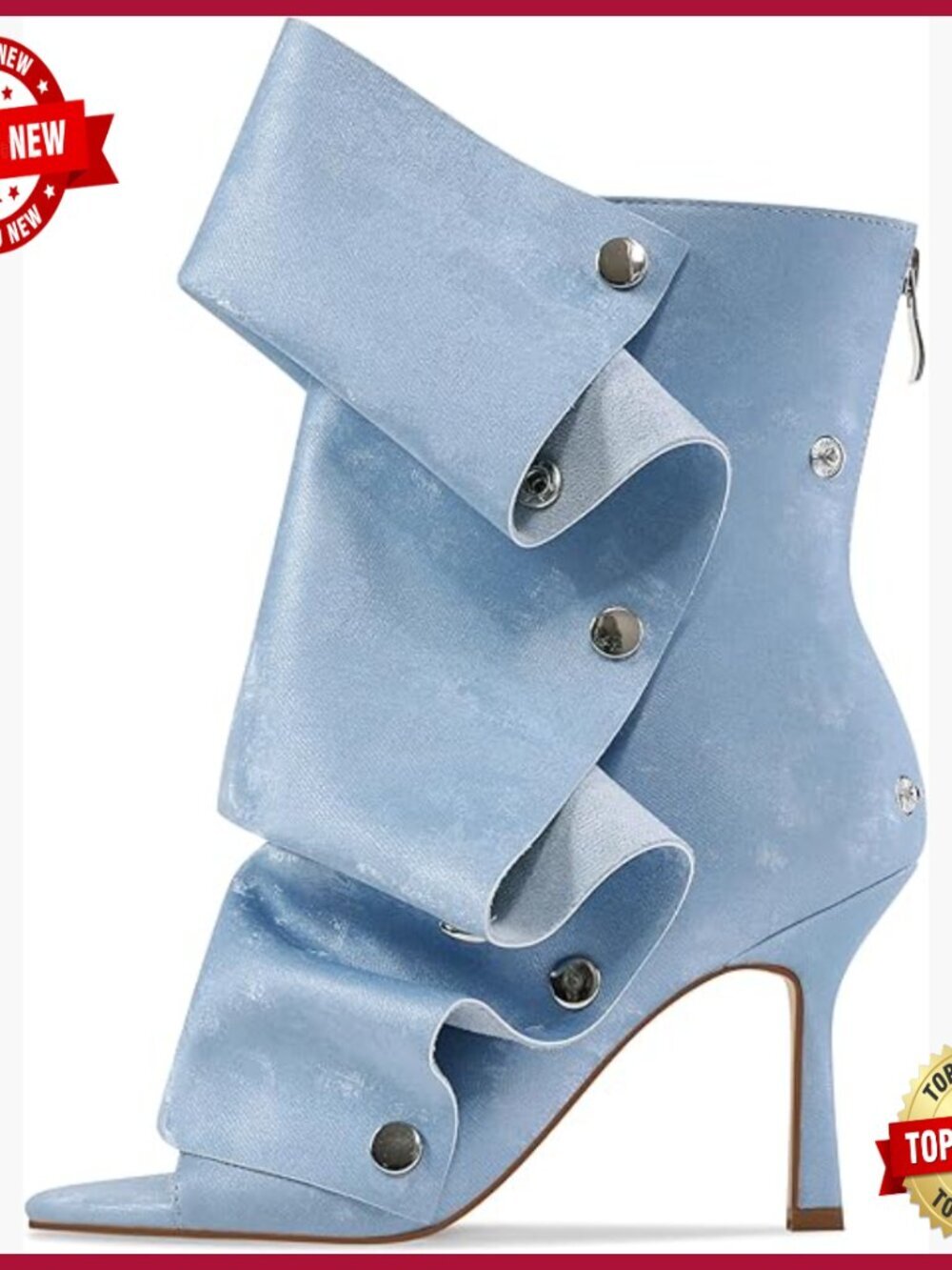 Slouchy Stiletto Heel Ankle Boots Open Toe Back Zip Snap-Off Panel